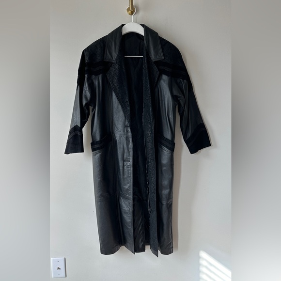 Vintage Black Contrasting Genuine Leather Trench Coat By Gitano Size S - Picture 4 of 13